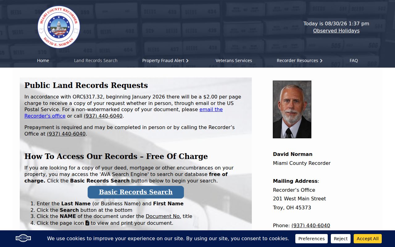 Troy residents directory Miami County Recorder search instructions
