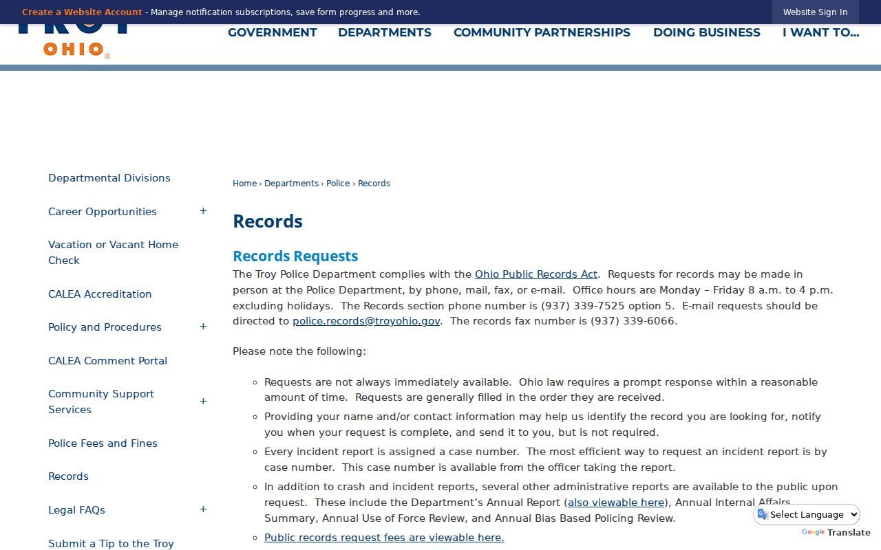Troy neighbors Troy Police records request information