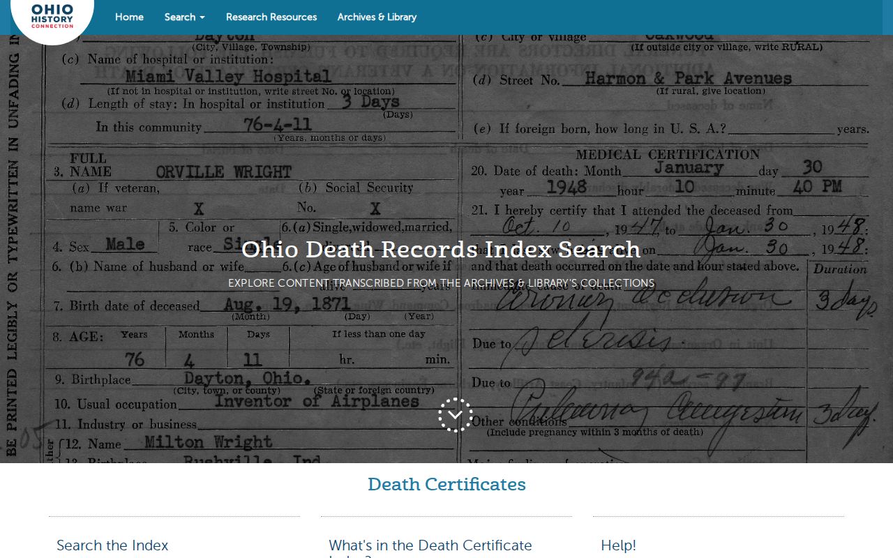Troy previous residents Ohio historical death index